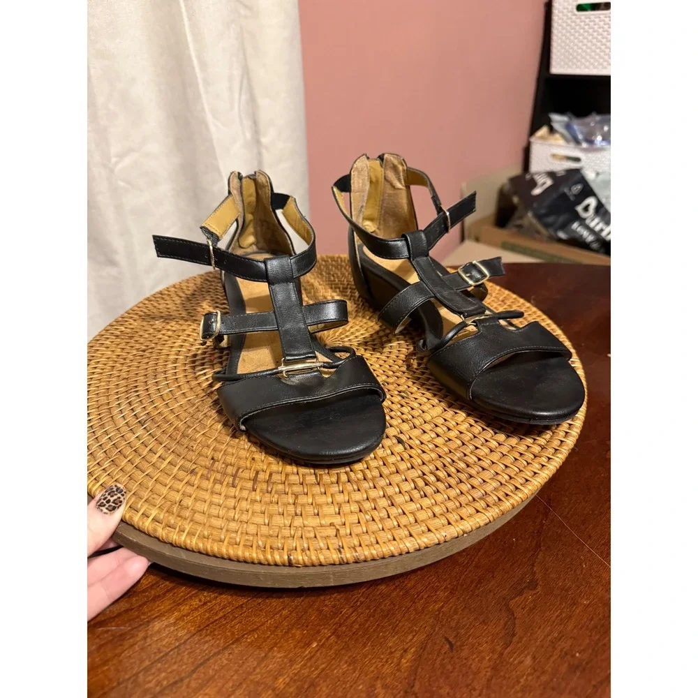 iComfort Womens Black Strappy Wedge Sandals Low Heel Back Zip Buckle Straps